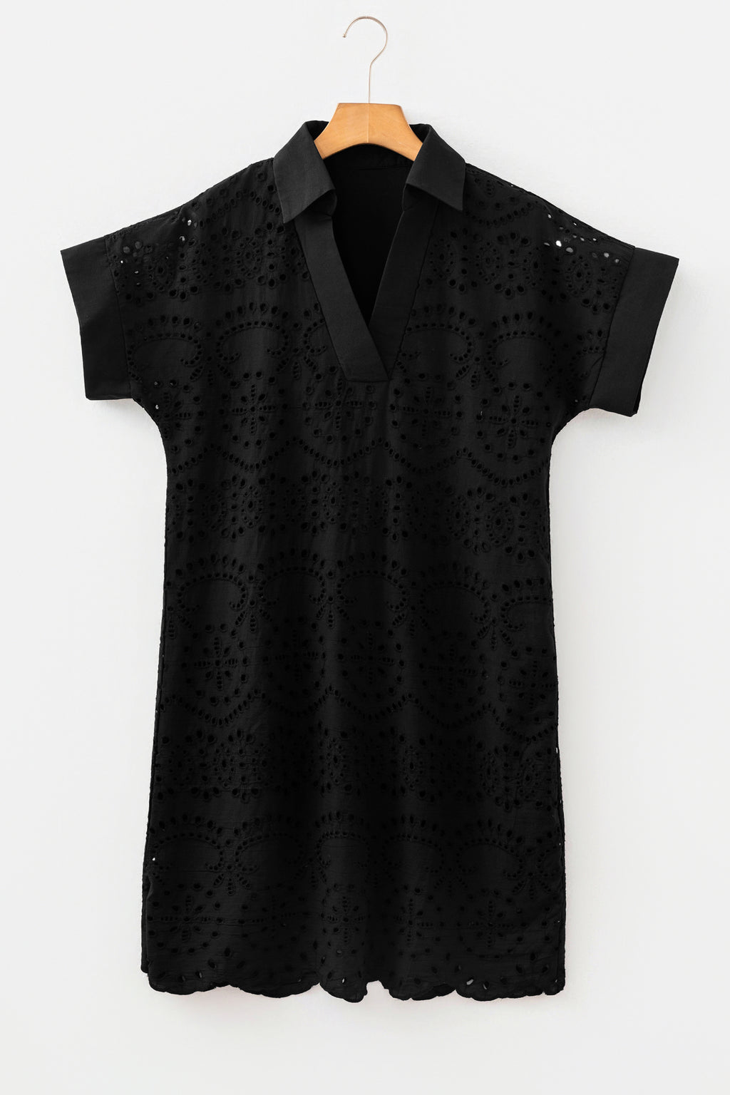 Rose Red Solid Color Eyelet Embroidered T Shirt Mini Dress