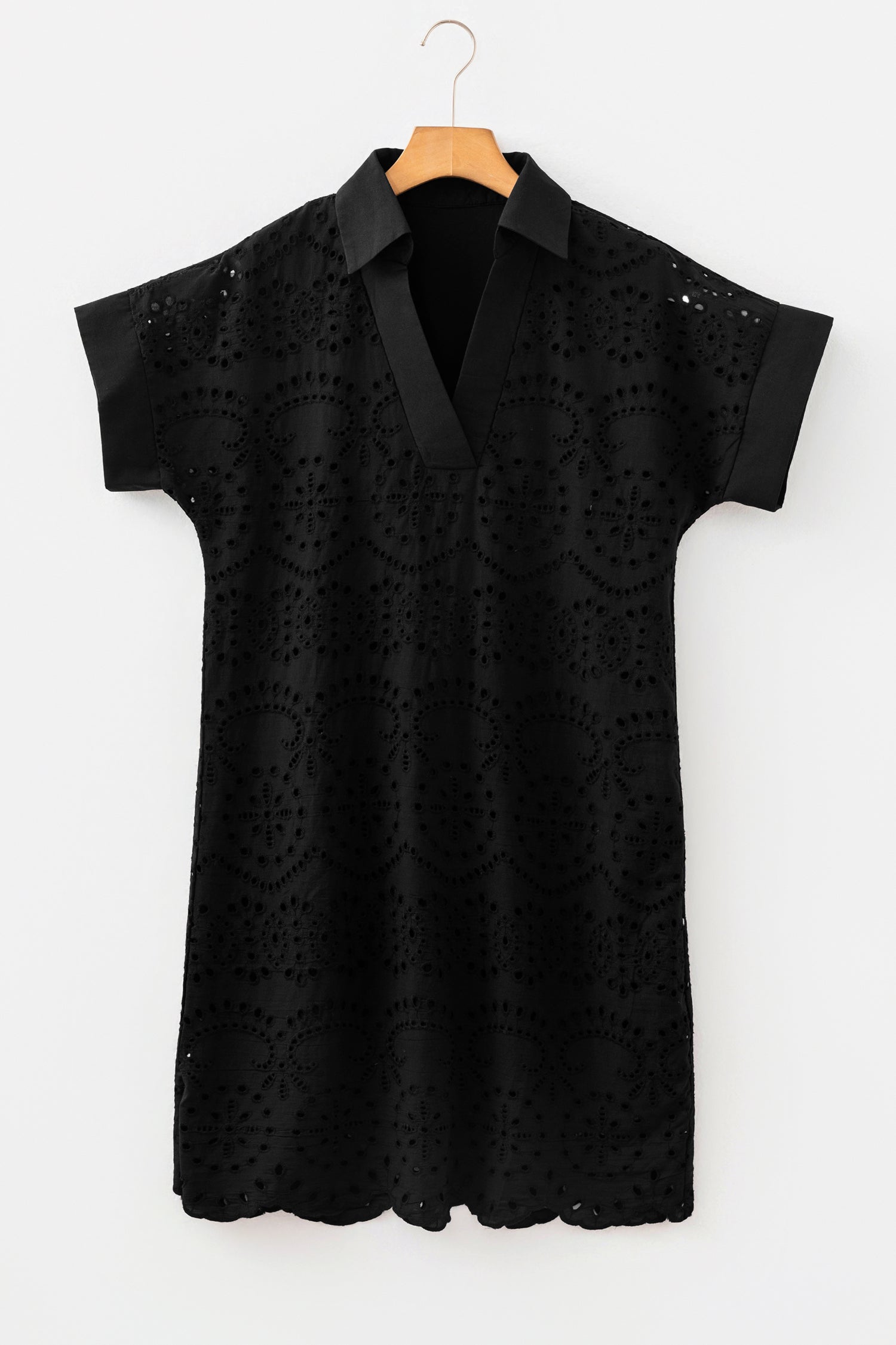 Rose Red Solid Color Eyelet Embroidered T Shirt Mini Dress