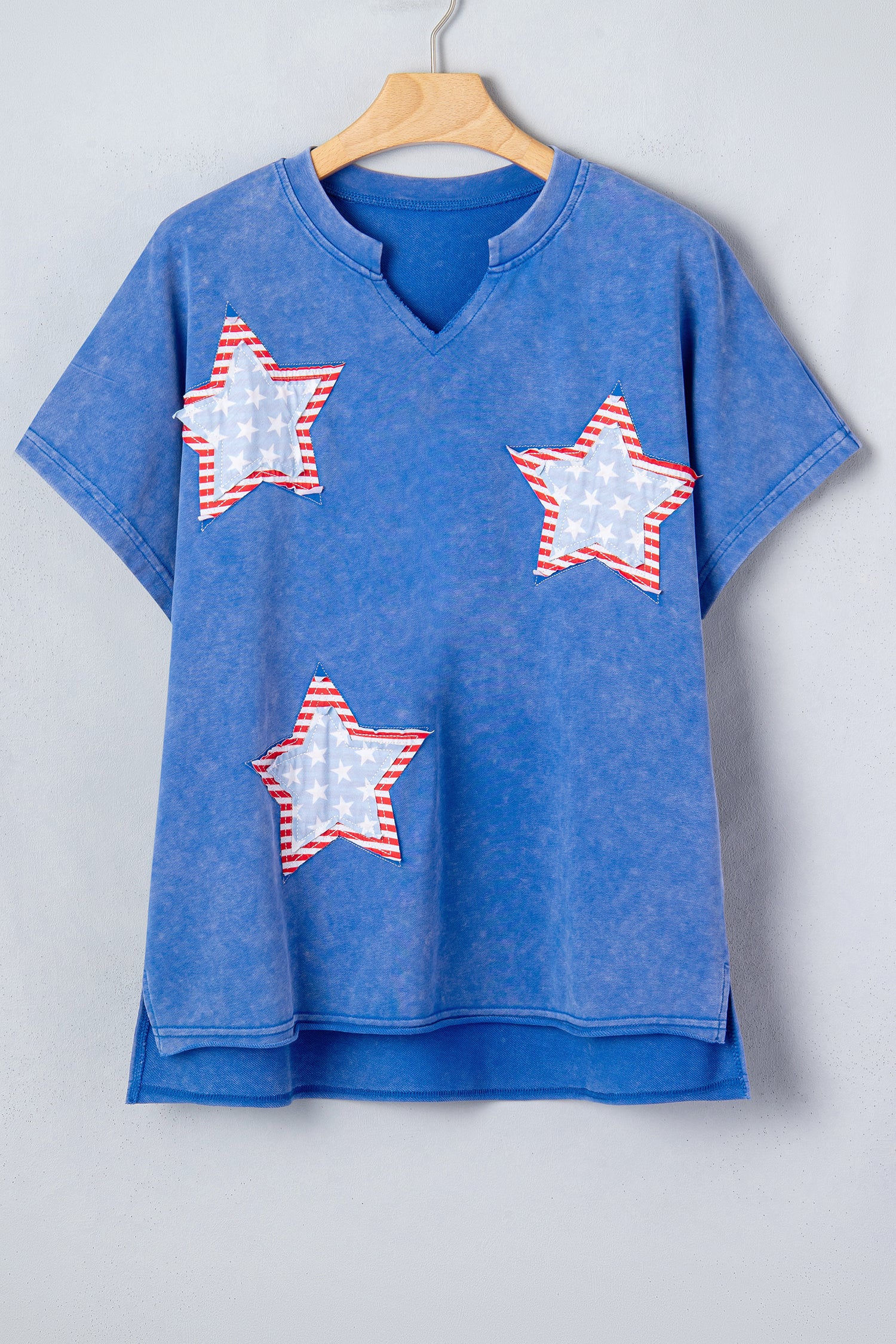 Sky Blue Patriot Star Patched Notched Neck Mineral Washed Tee