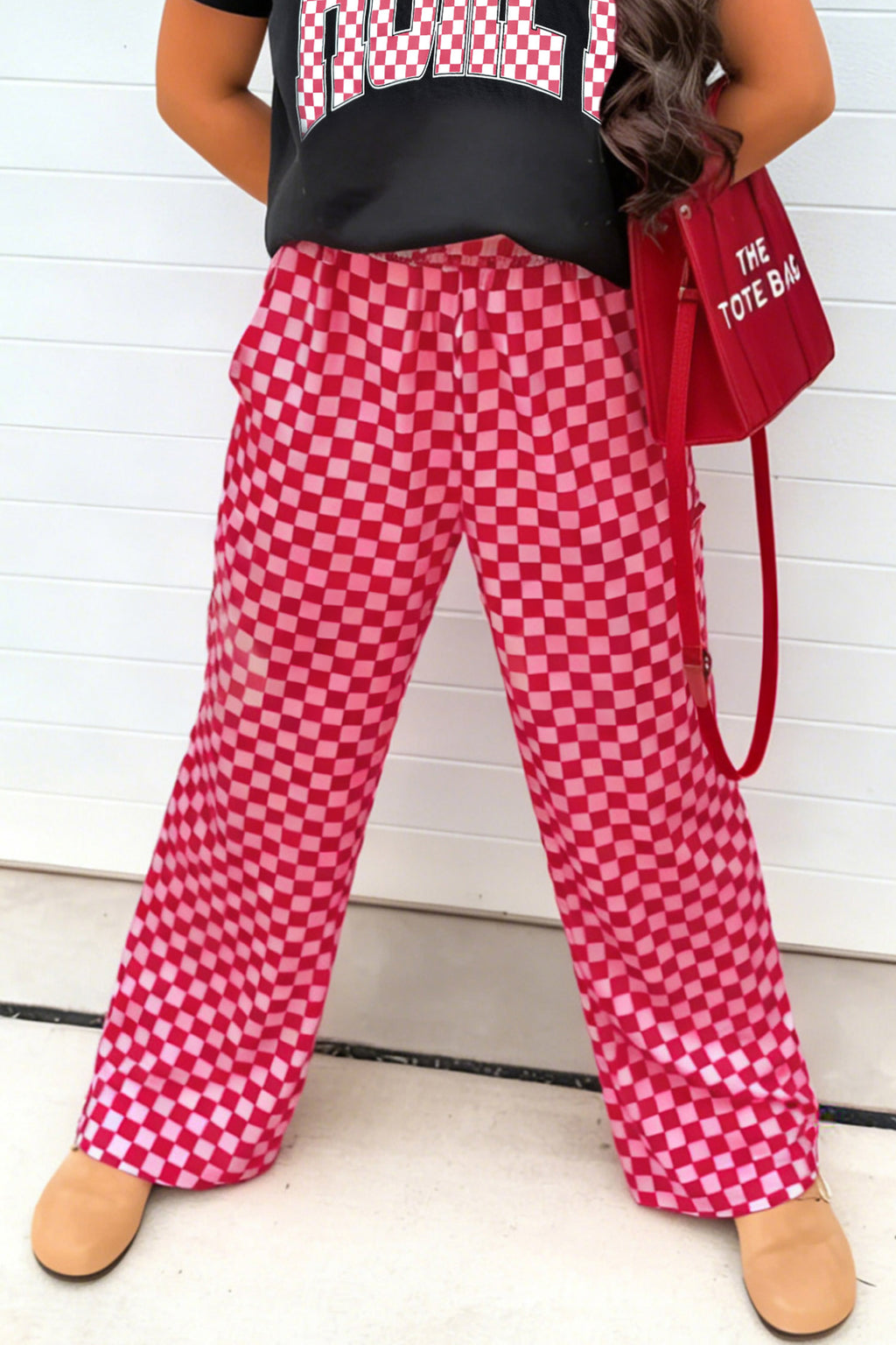 Rose Elastic Waist Plaid Full-length Shift Pants
