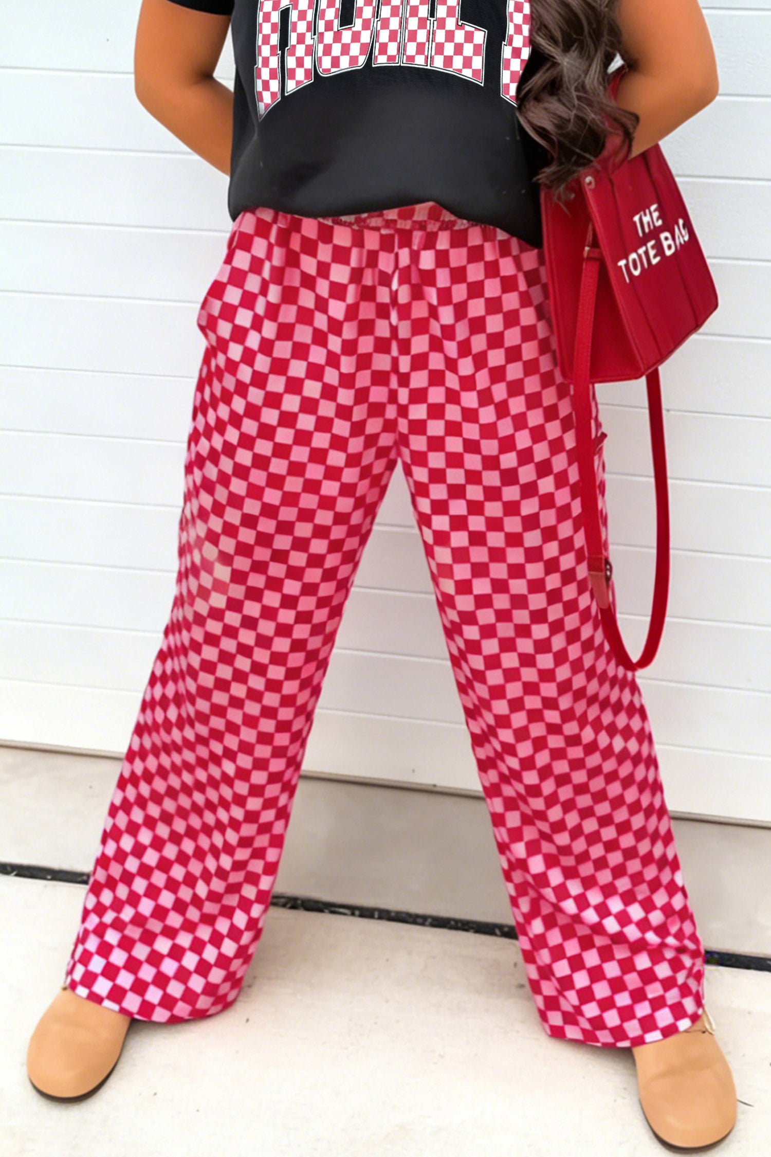 Rose Elastic Waist Plaid Full-length Shift Pants
