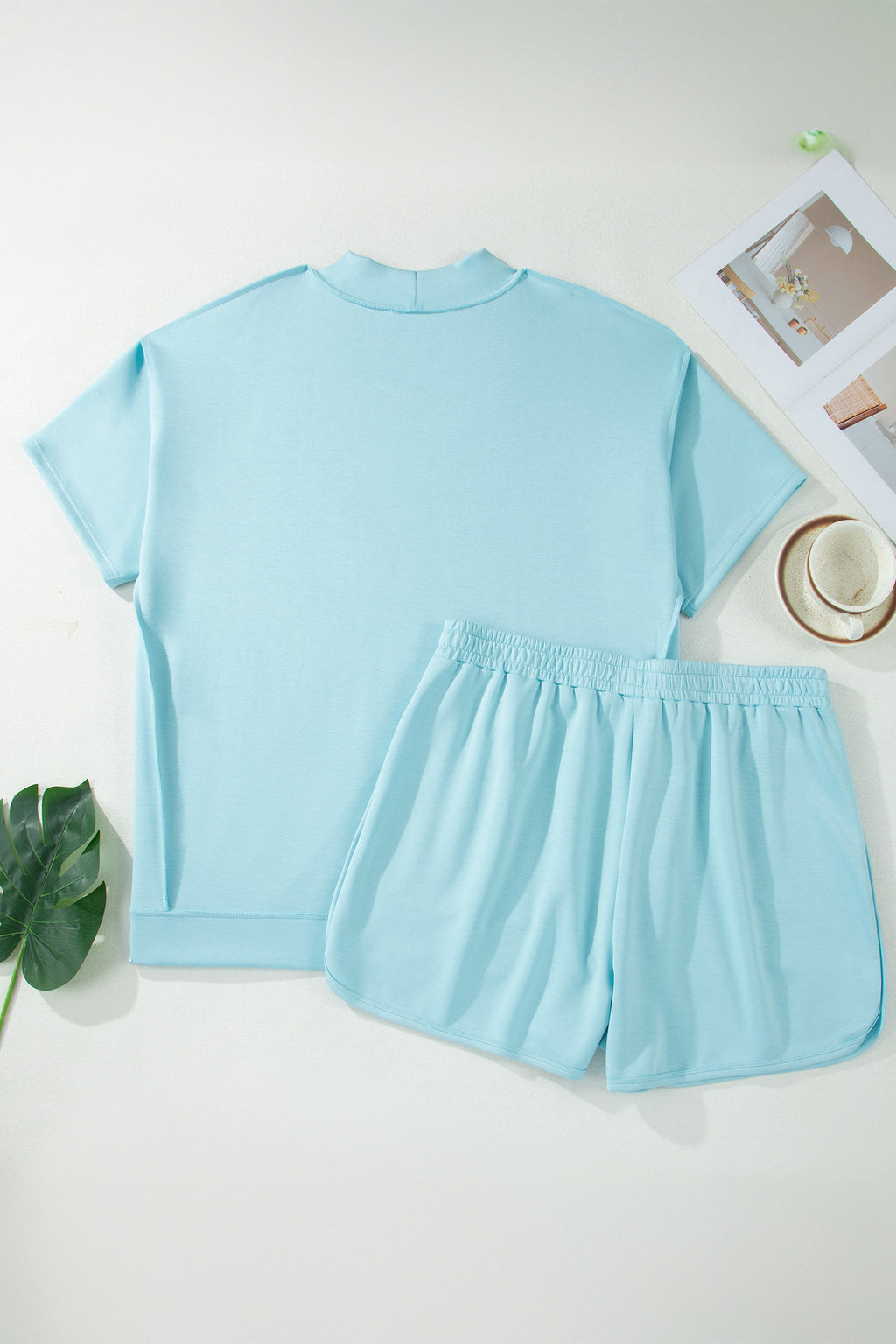 Mist Blue Solid Color Mock Neck Half Sleeve Top Plus Size 2pcs Short Set