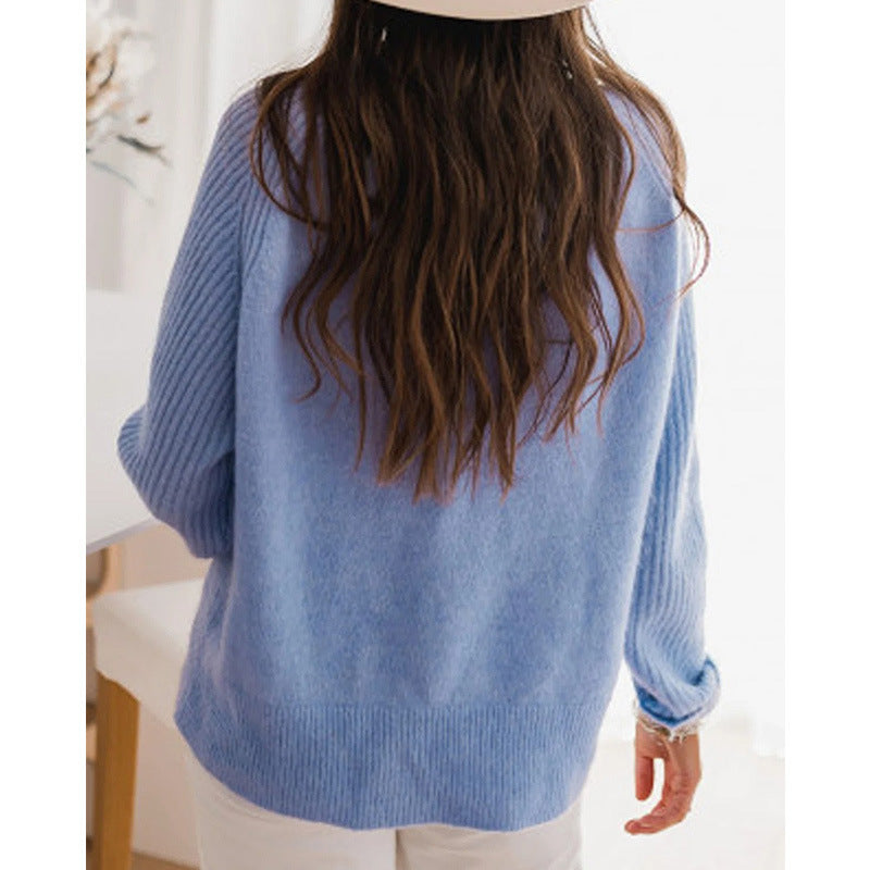 European Blue Bedford Cord Sweater Women's Round-Collar Long-Sleeve Knitwear Casual Women's Clothing Fashion Knit Top Outerwear