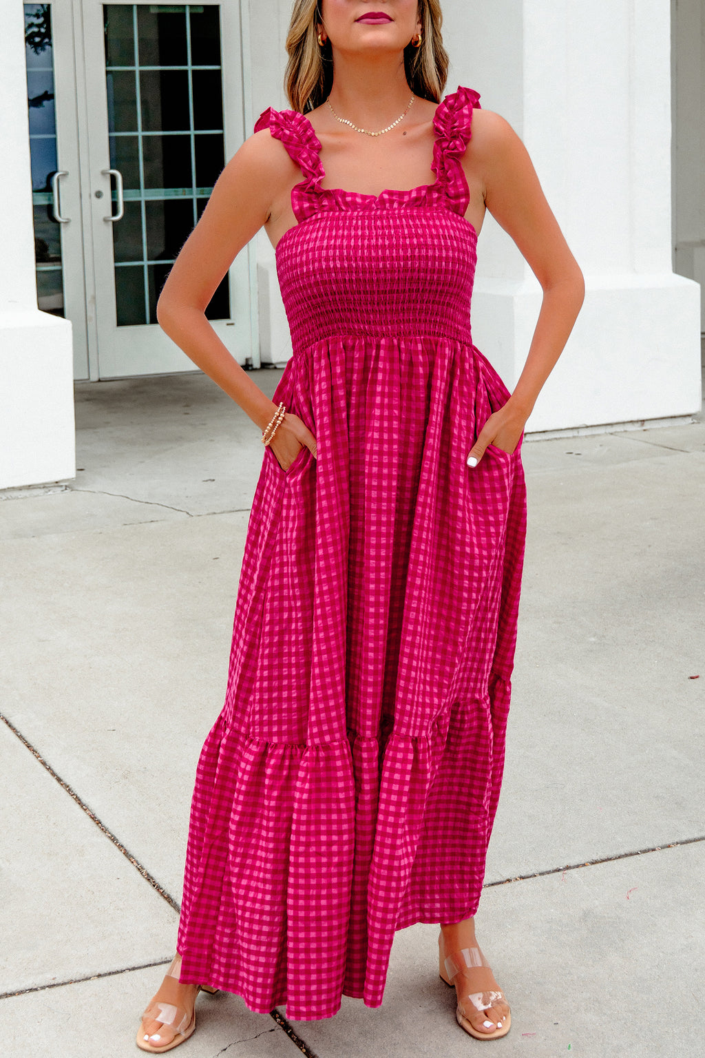 Red Plaid Square Neck Fit-and-flared Vacation Sundress