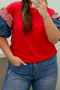 Fiery Red Plus Size Striped Ruffles Star Short Bubble Sleeve Patchwork Top