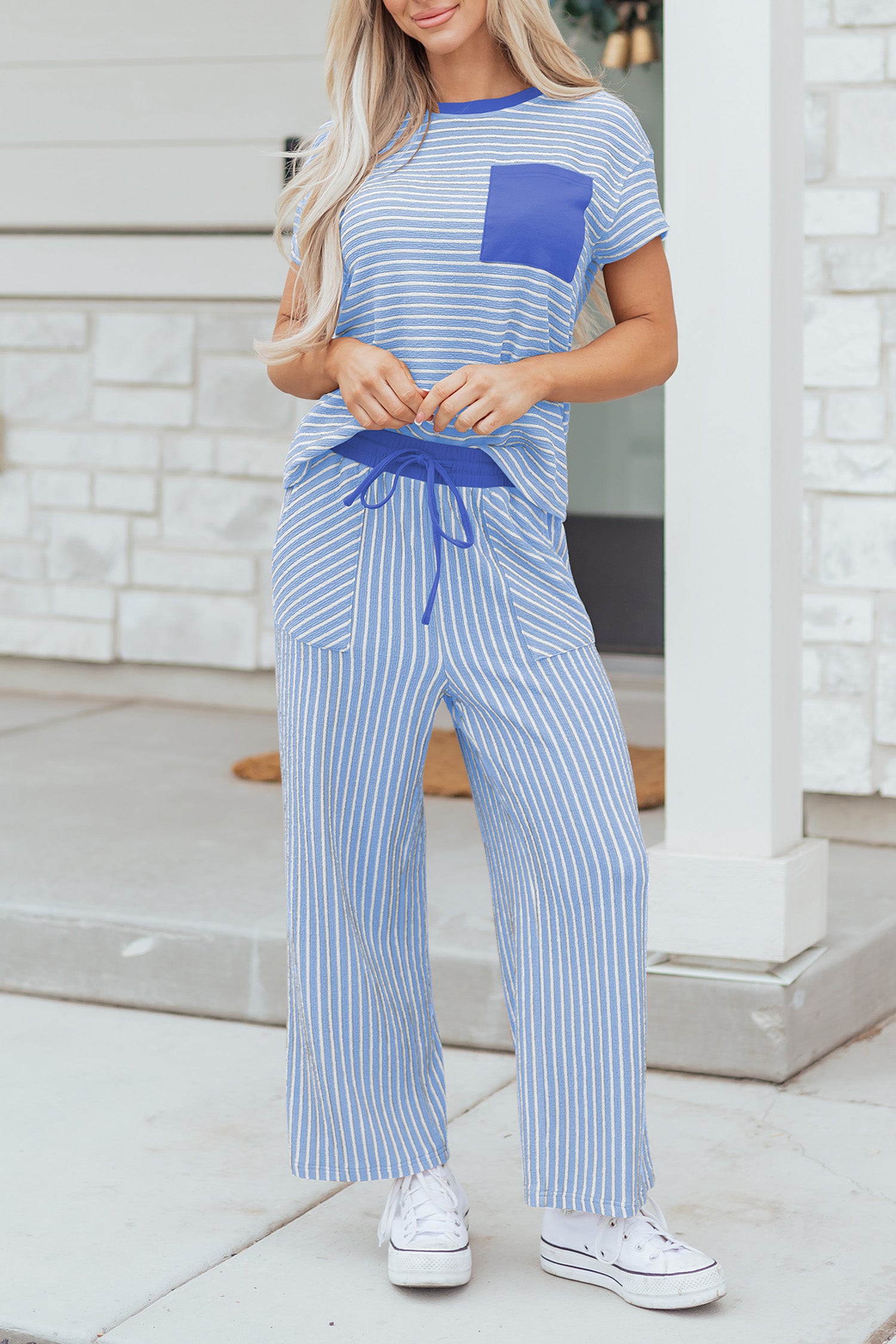 Sky Blue Stripe Crew Neck Tee Drawstring Waist Cropped Pants Set
