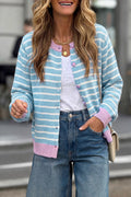 Sky Blue Stripe Striped Long Sleeve Round Neck Open Front Cardigan