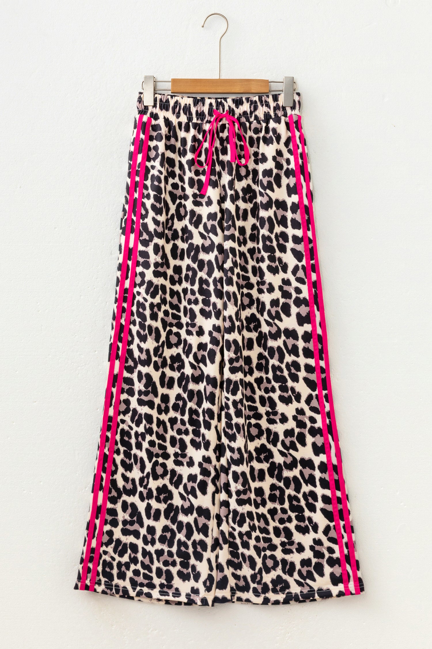 Rose Contrast Detail Tie Waist Leopard Print Casual Pants