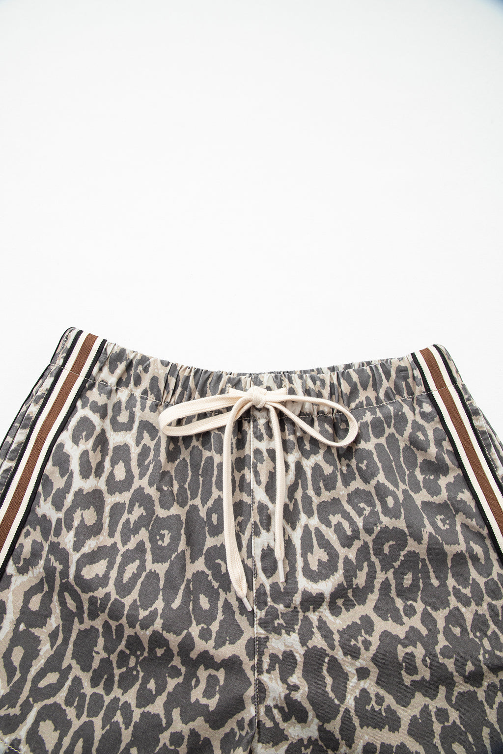 Multicolour Leopard Pattern Striped Detail Drawstring Denim Shorts