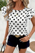White Polka Dot Print Ruffled Short Sleeve Blouse