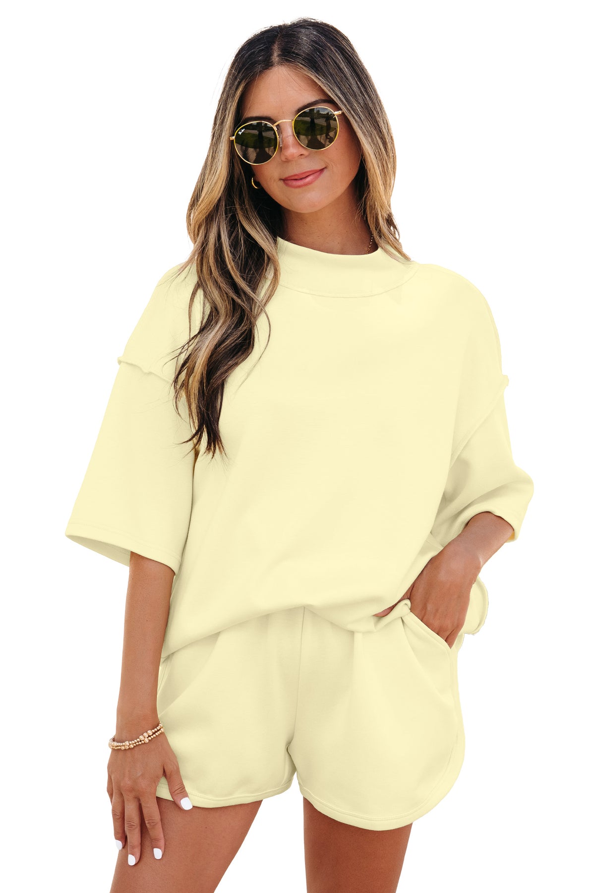 Yellow Cream Solid Color Exposed Seam Mock Neck Oversize Tee Casual Shorts 2pcs Outfit