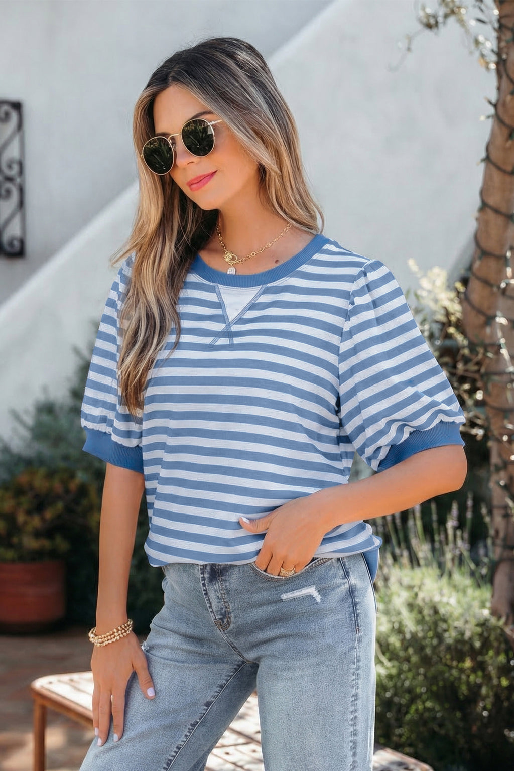 Sky Blue Stripe Short Bubble Sleeve T Shirt