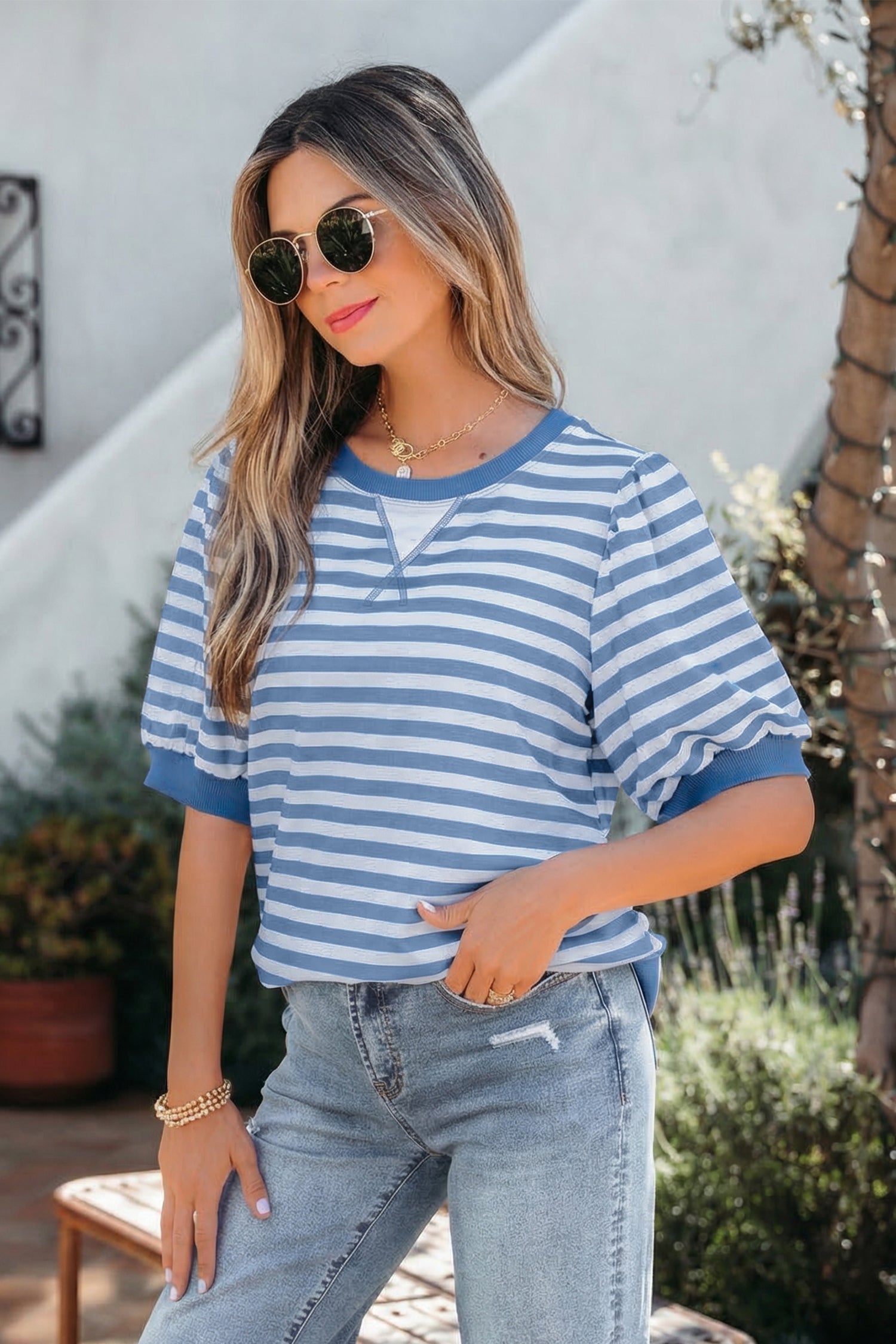 Sky Blue Stripe Short Bubble Sleeve T Shirt