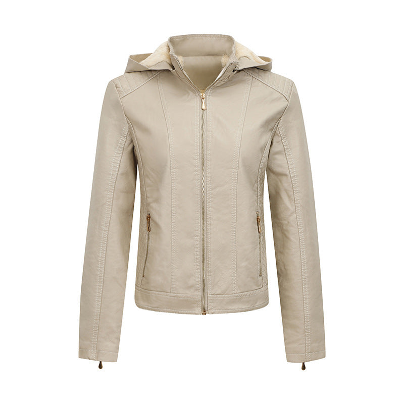 Women's Fleece-Lined Thickened Leather Coat Hooded