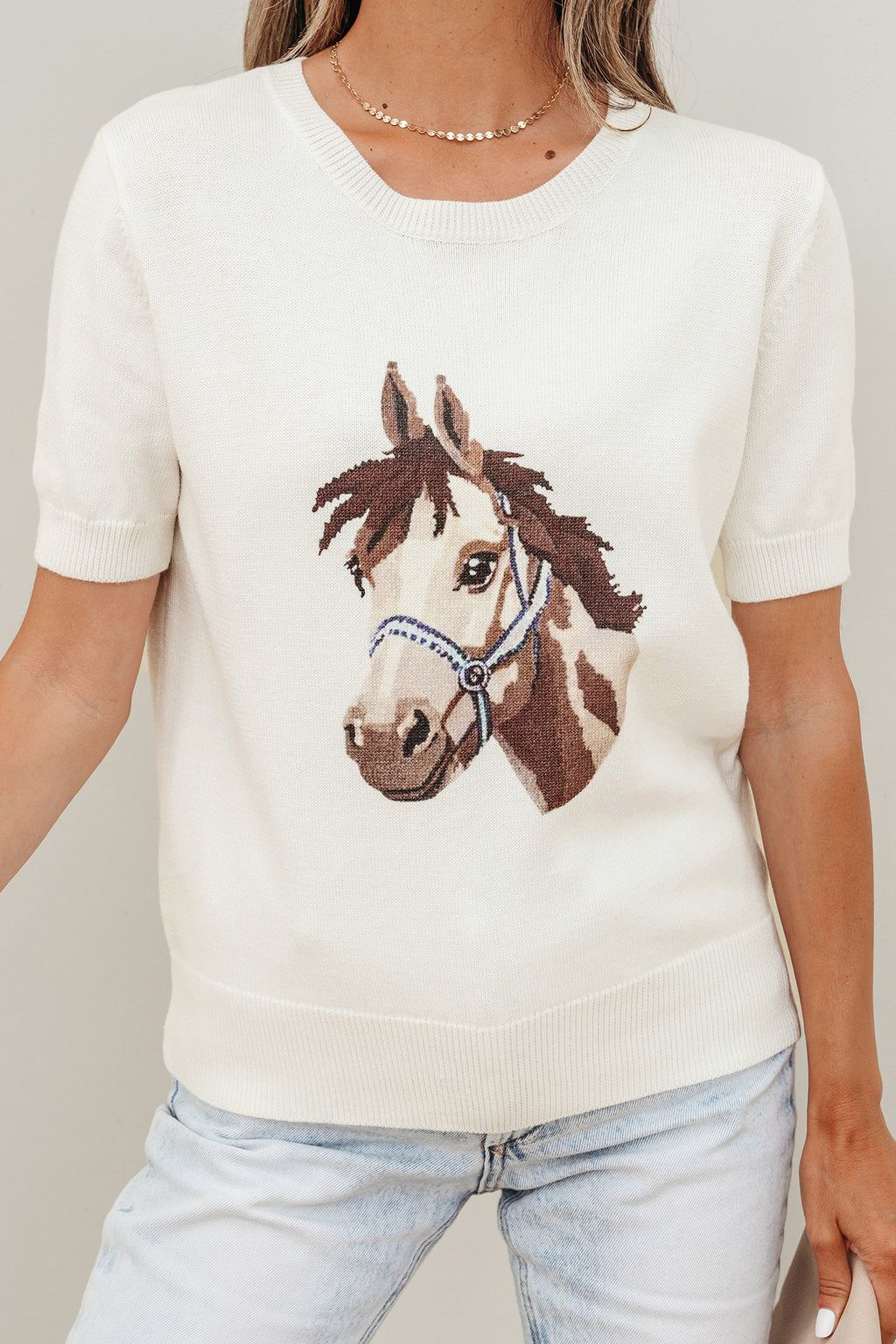 White Wild West Horse Head Printed Short Sleeve Sweater