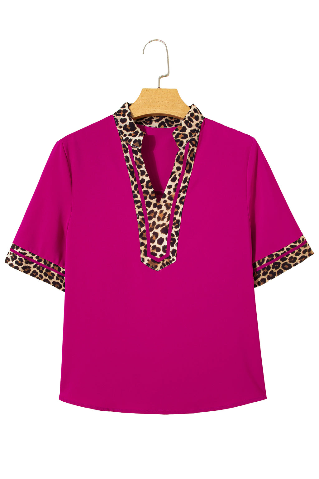 Violet Leopard Patchwork Trim Split Neck Short Sleeve Blouse