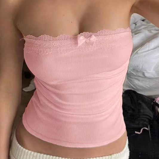 Thread Stitching Lace Bow Tube Top T-shirt Top