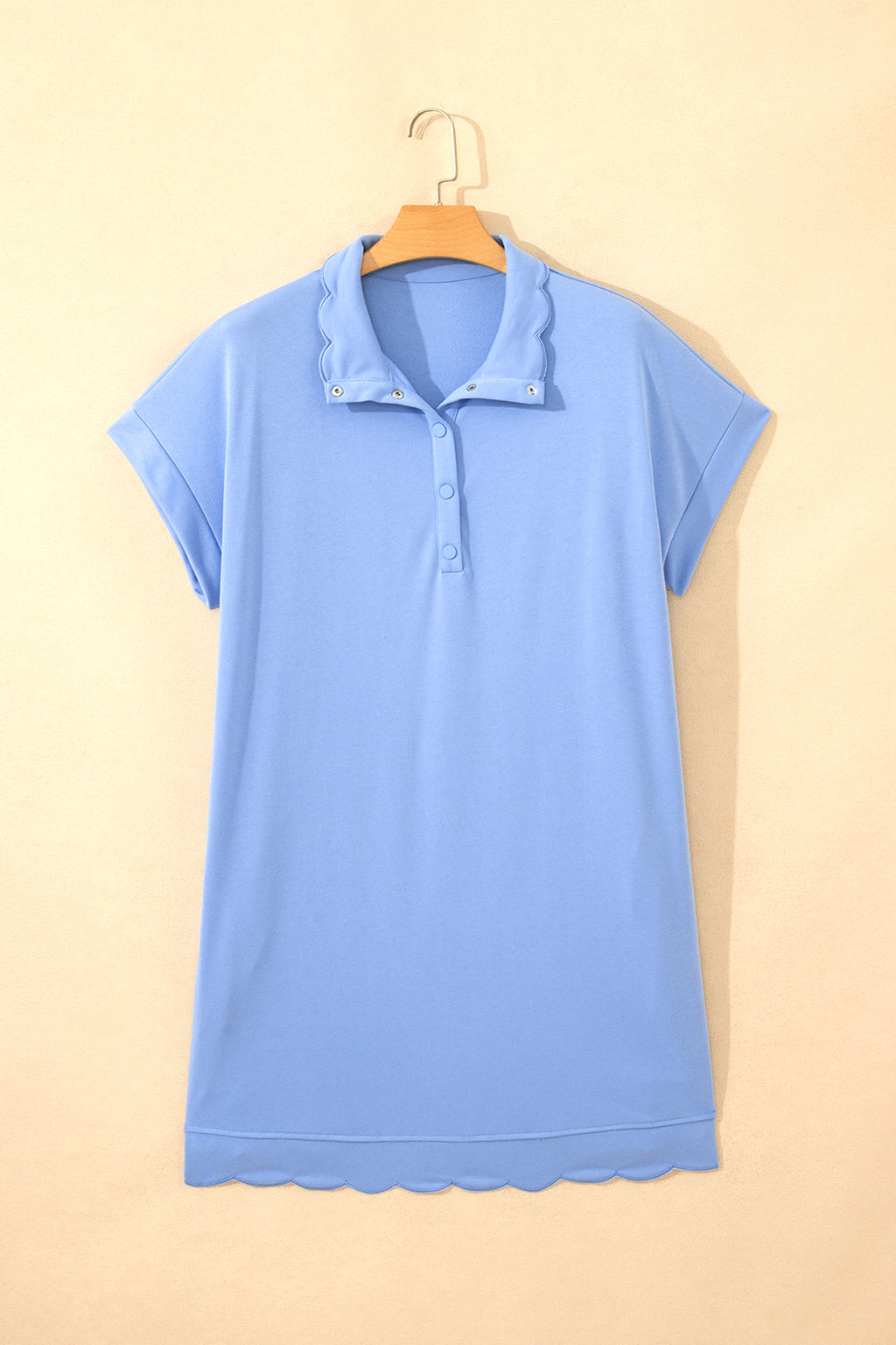 Beau Blue Plus Size Solid Scalloped Hem Button Neck Pullover Mini Dress