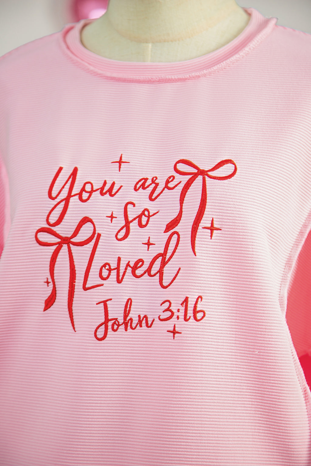 Pink you are so loved Valentines Day Bow Embroidered Graphic Pullover Top