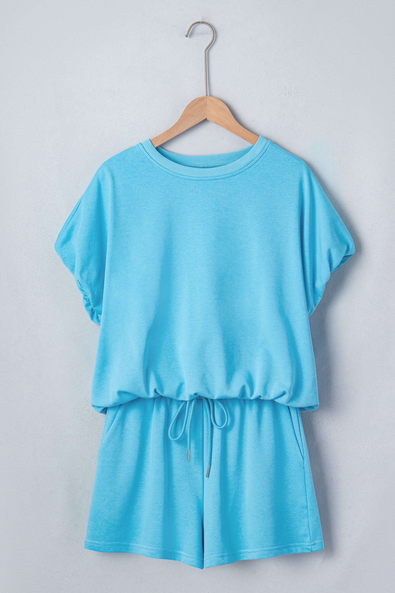 Light Blue Solid Color Puffy Loose Top Drawstring Shorts 2pcs Outfit