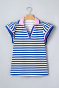Blue Stripe Contrast Trim Polo Collar Ruffled Short Sleeve Blouse