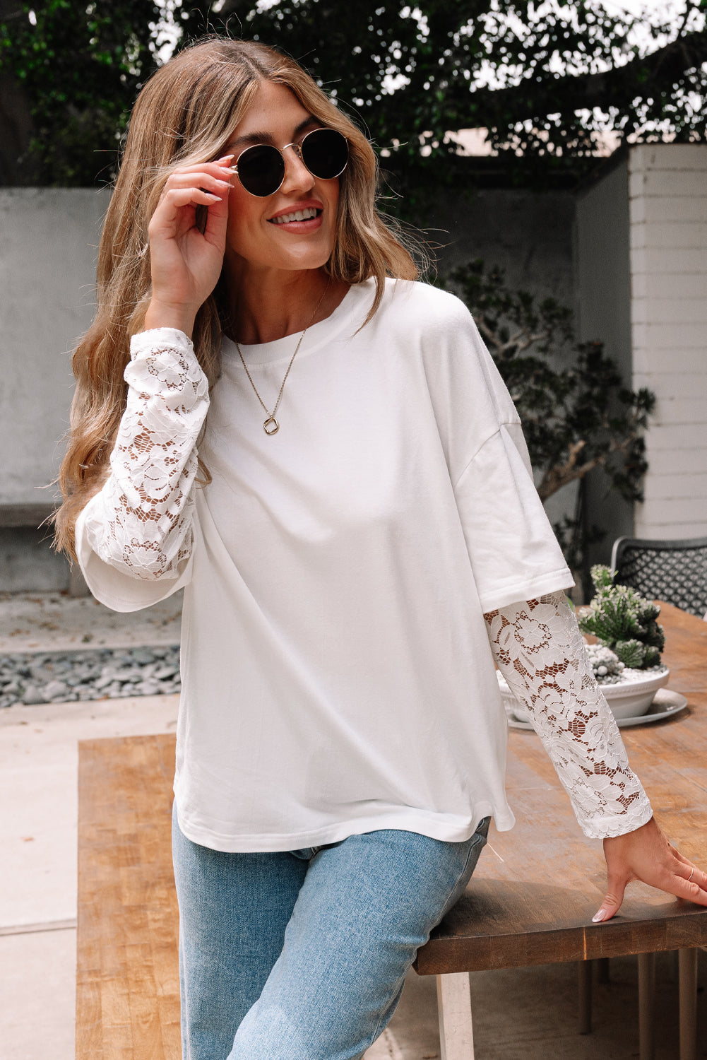 White Lace Long Sleeve Insert Drop Shoulder Tee