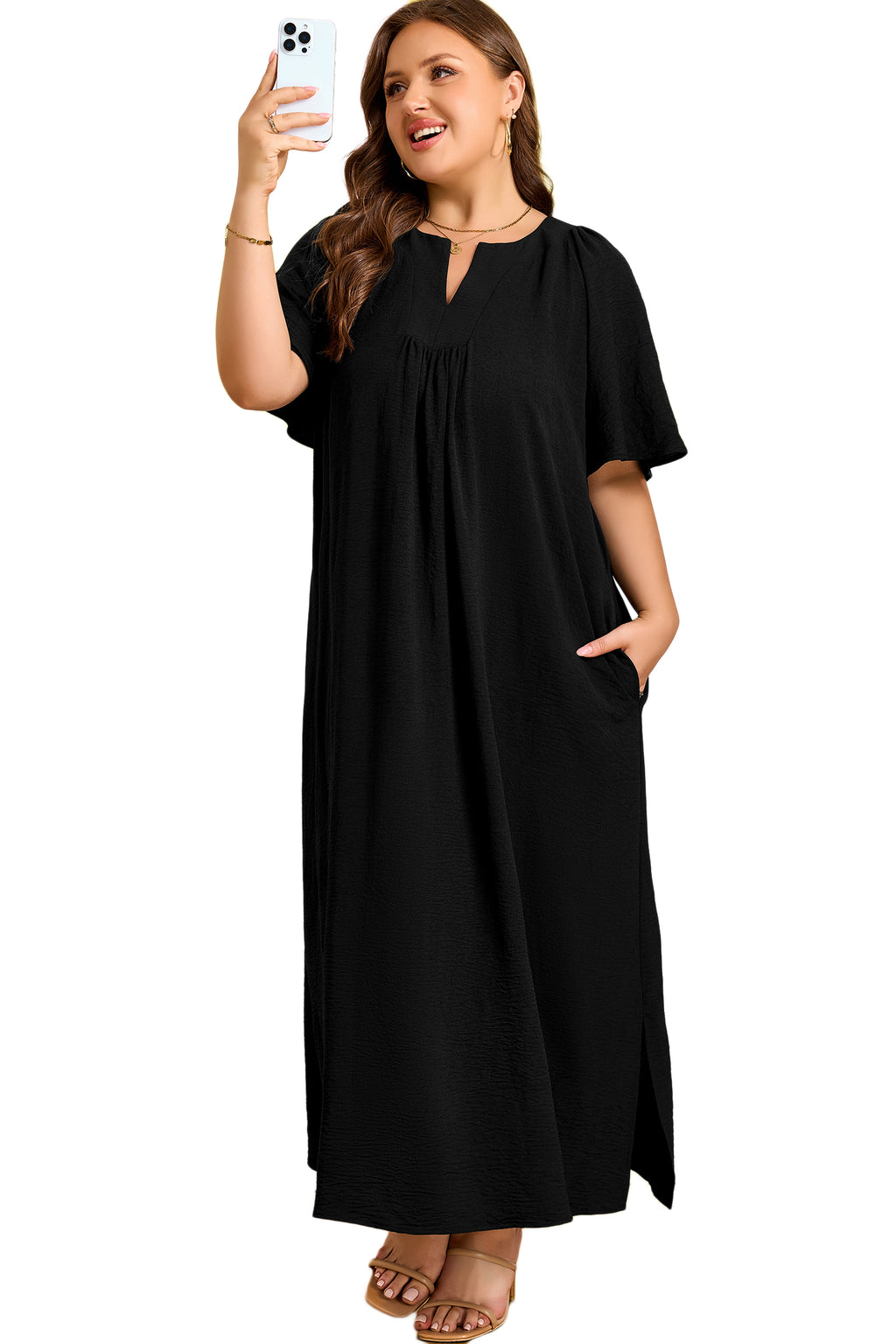 Black Plus Size Solid Color Notched Neck Short Sleeve Loose Dress