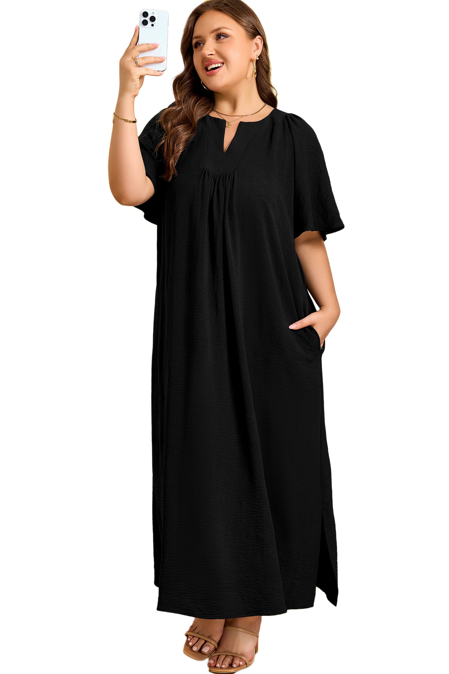 Black Plus Size Solid Color Notched Neck Short Sleeve Loose Dress