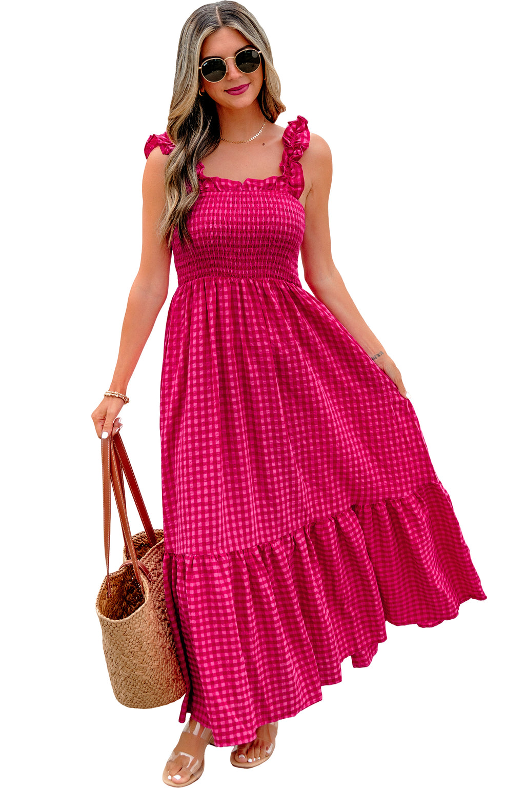 Red Plaid Square Neck Fit-and-flared Vacation Sundress
