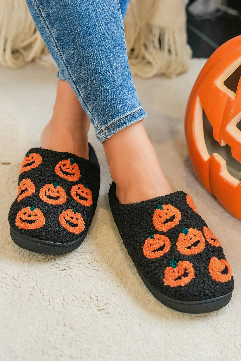 Black Halloween Pumpkin Plush Home Slippers