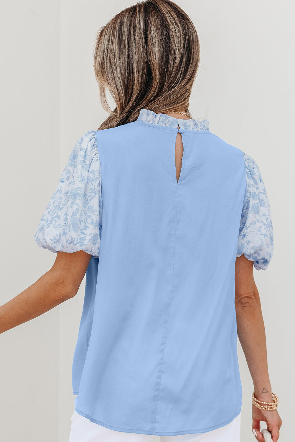 Beau Blue Lace Insert Floral Puff Sleeve Patchwork Loose Blouse