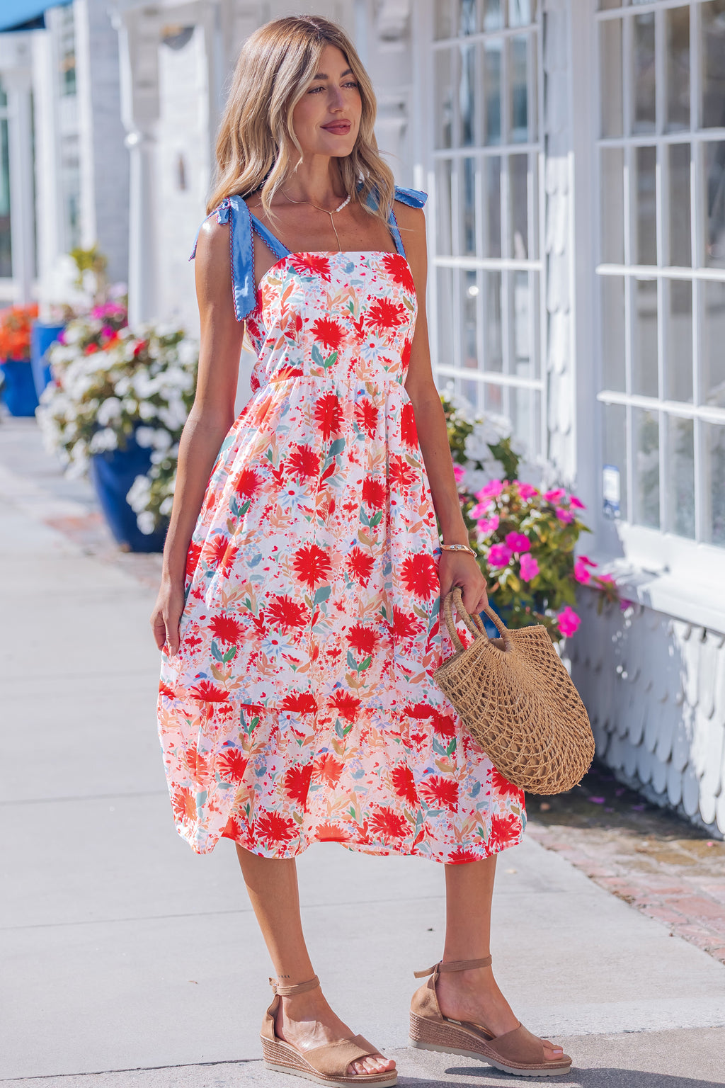 Red Floral Print Contrast Stitched Knot Denim Straps High Waist Dress