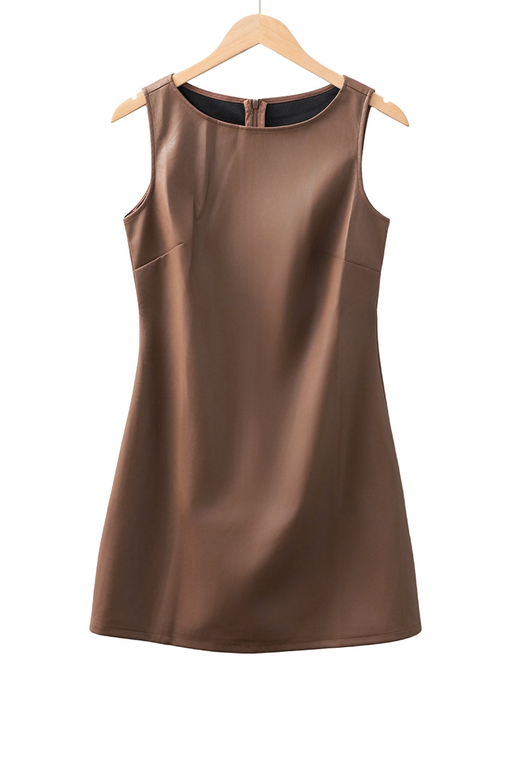 Coffee Vegan Leather Sleeveless Mini Dress