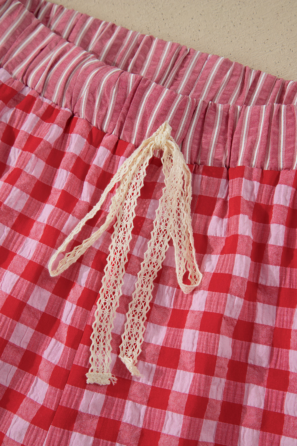 Red Gingham Print Ruffle Striped Detail Lace Tie Shorts