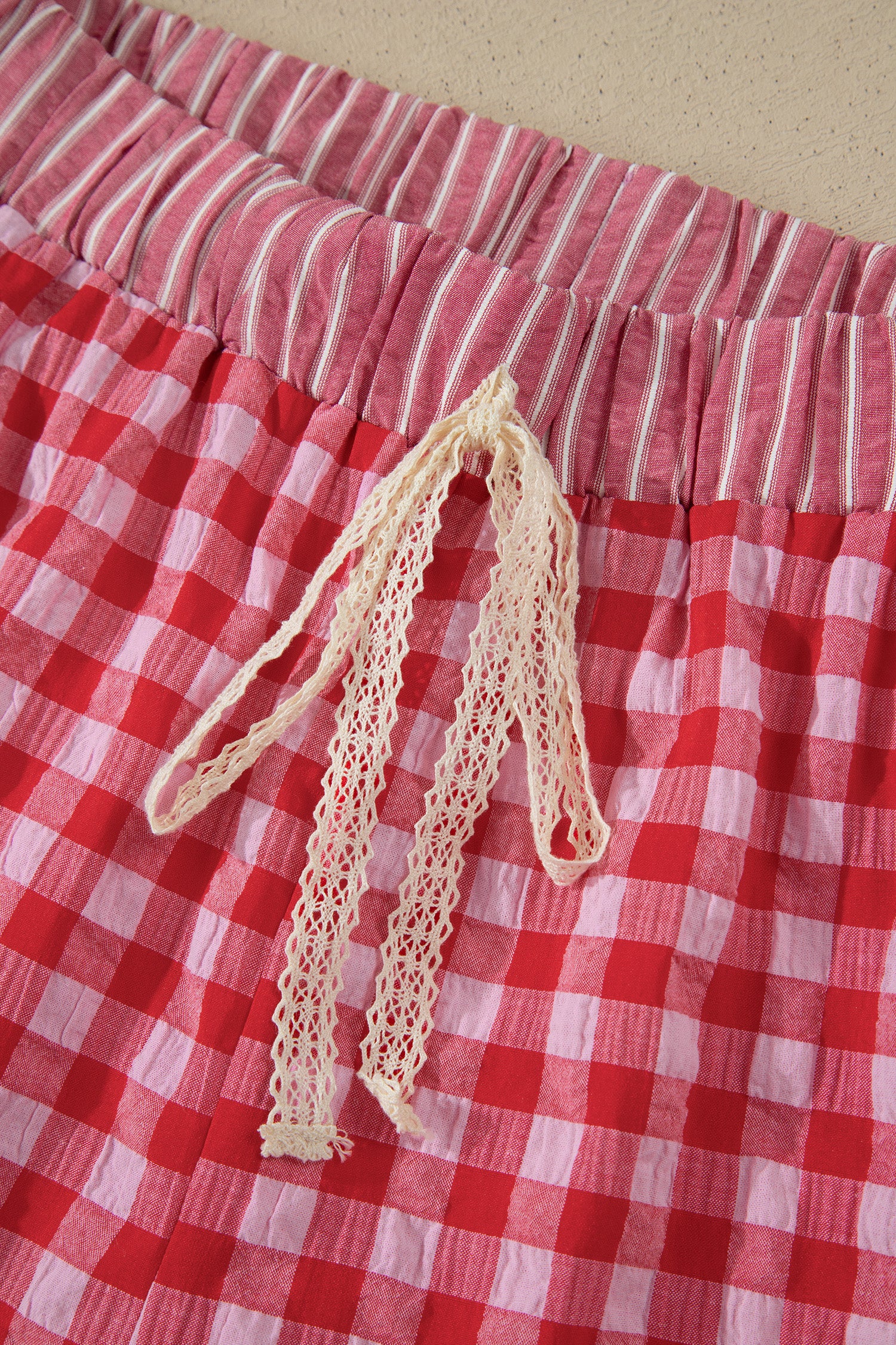 Red Gingham Print Ruffle Striped Detail Lace Tie Shorts