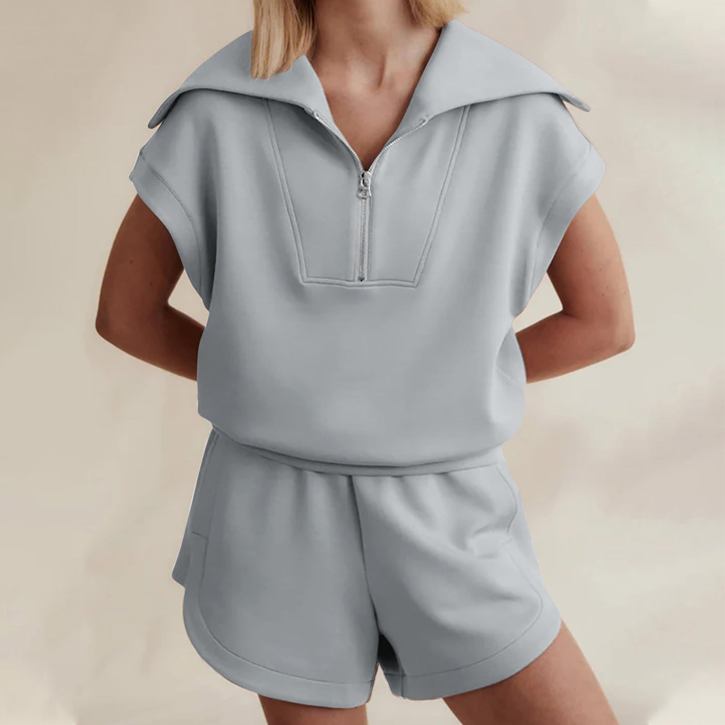 Women's Casual Solid Color Half Zipper And Lapel Top Sweatshirt Shorts Sportswear Suit
