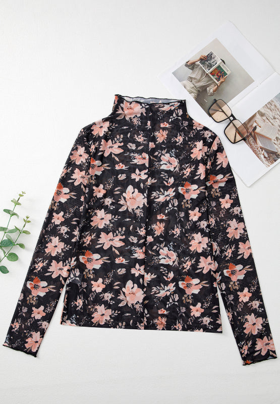 Floral Mock Neck Long Sleeve Blouse