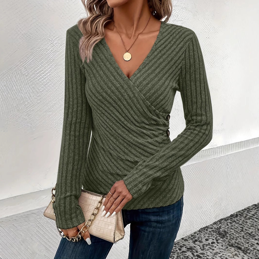 Spring And Autumn Women's Solid Color And V-neck Long-sleeved T-shirt Top