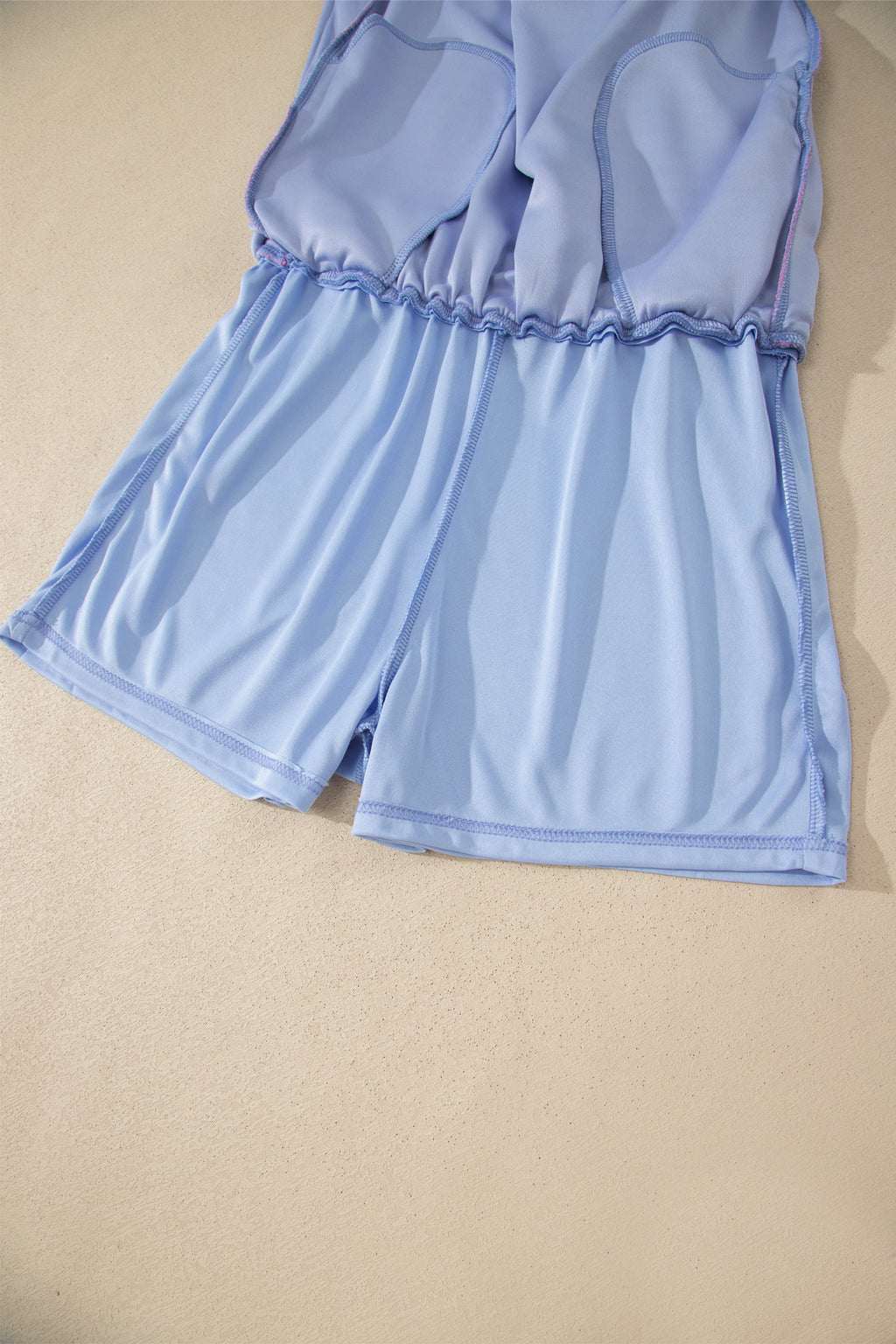 Sky Blue Preppy Striped Trim V Neck Polo Tee Drawstring Skirt Set
