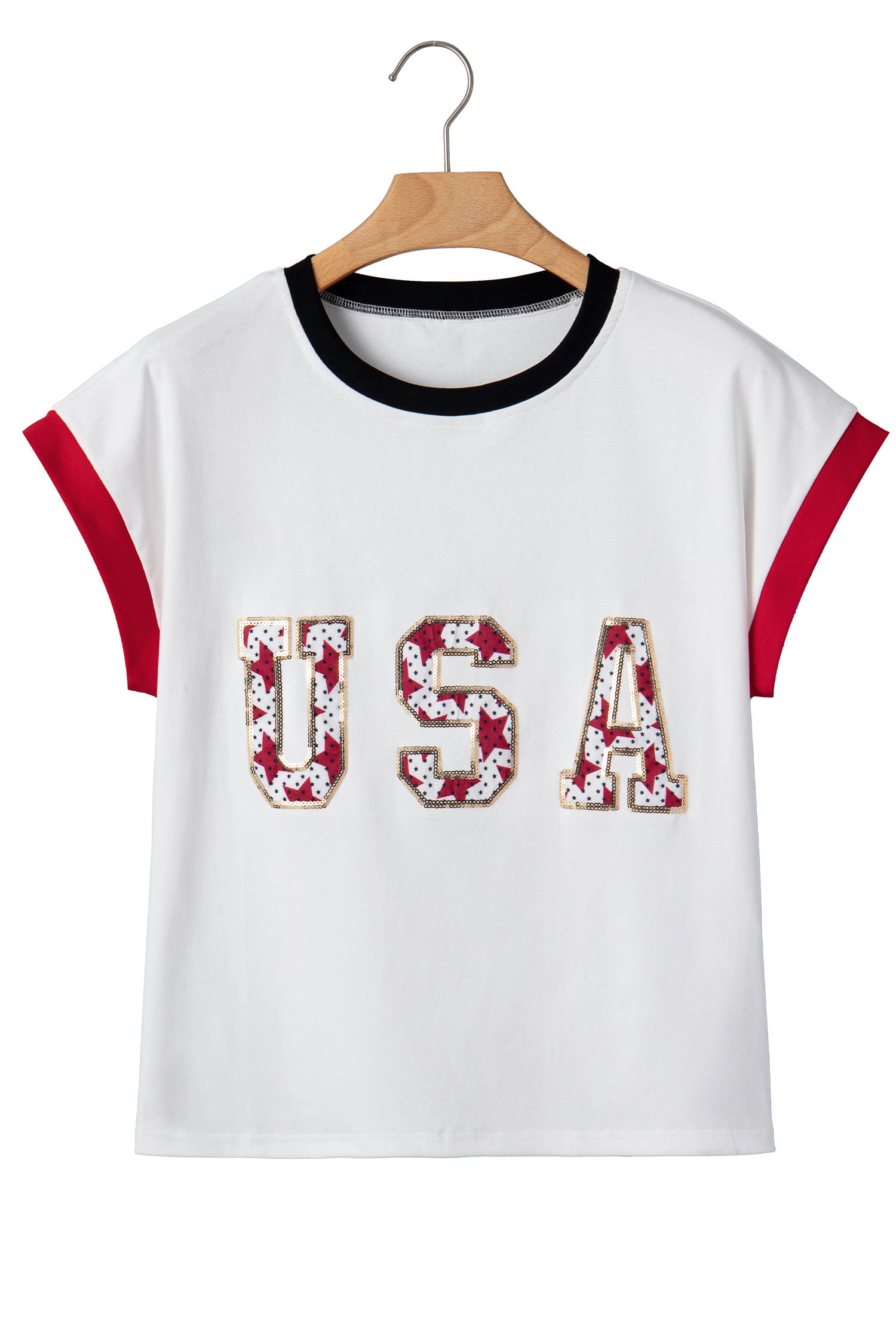 White USA Sequin Color Block Trim Loose T Shirt