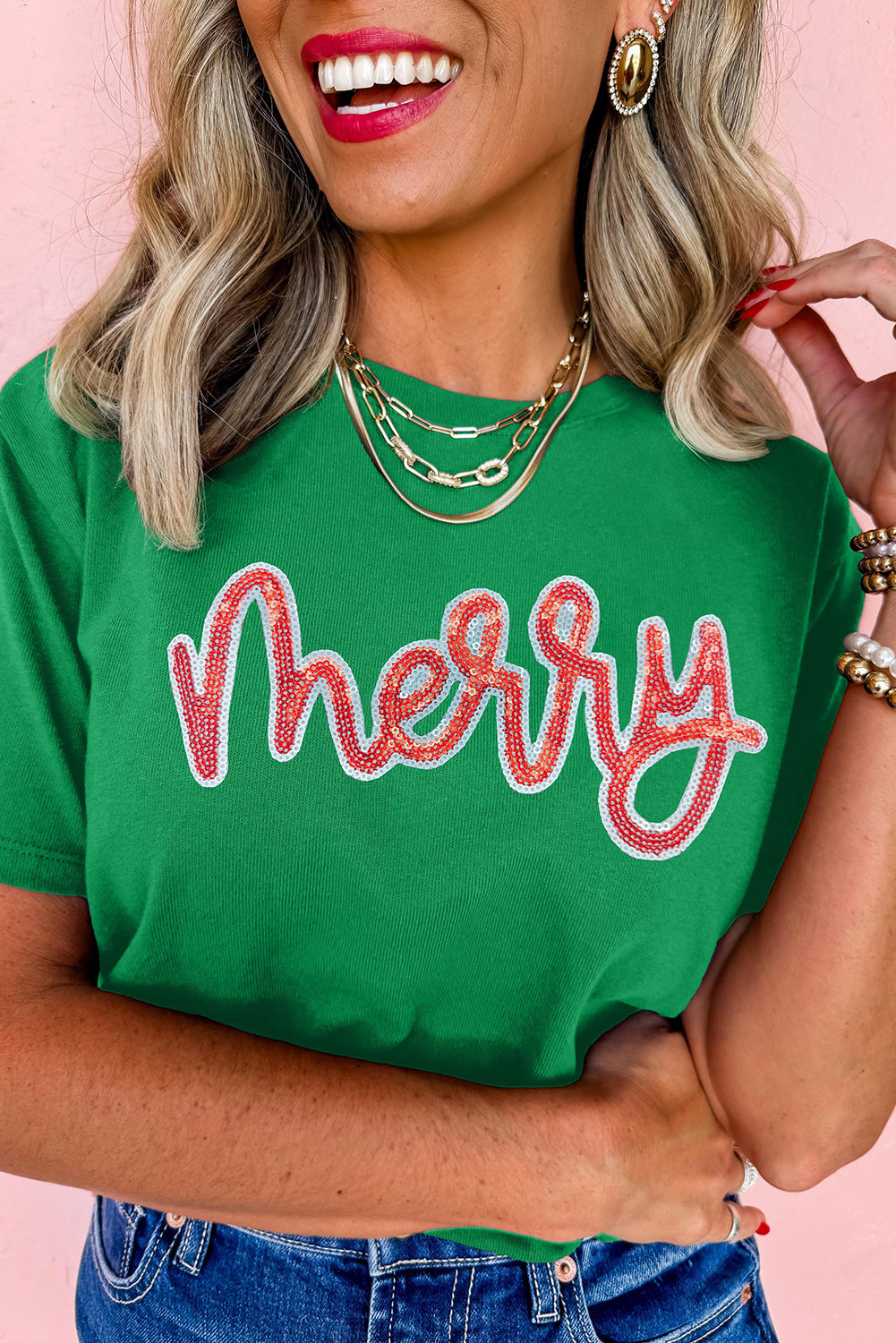 Bright Green merry Sequin Letter Graphic Cotton Blend Tee