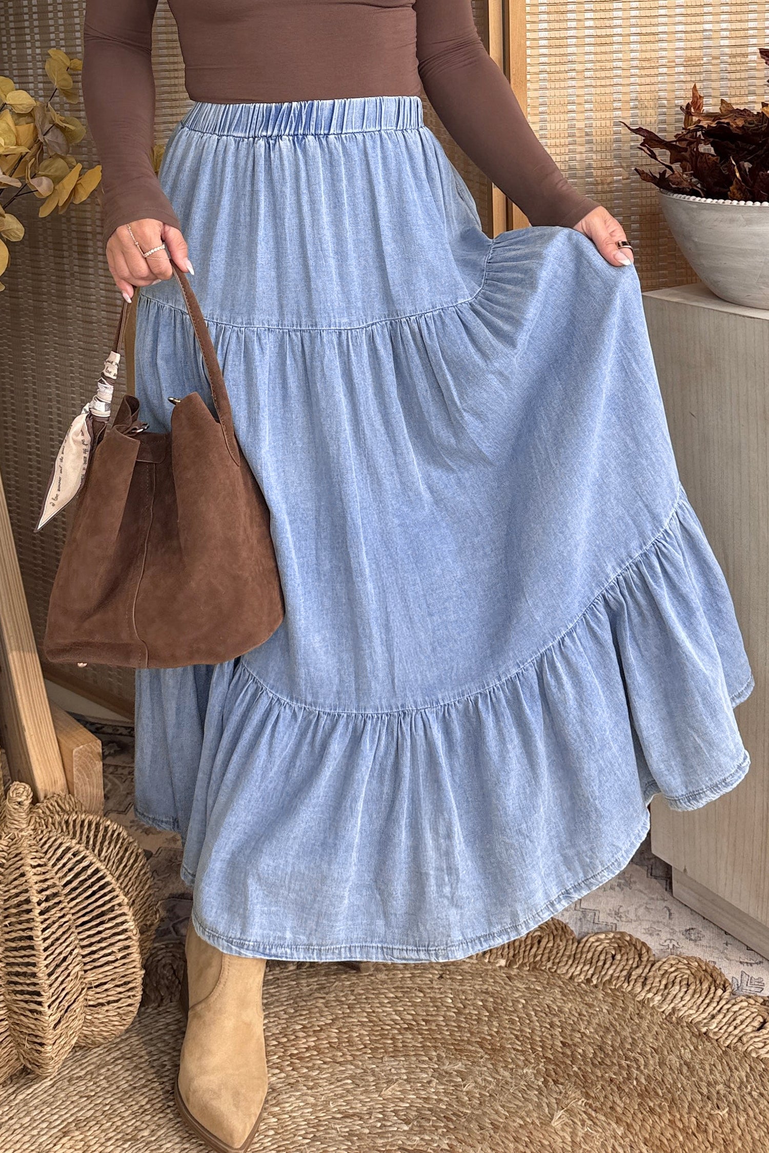 Beau Blue Elastic Waist Ruffled Tiered Flared Denim Maxi Skirt