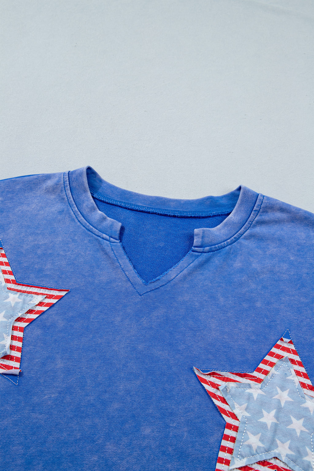 Sky Blue Patriot Star Patched Notched Neck Mineral Washed Tee