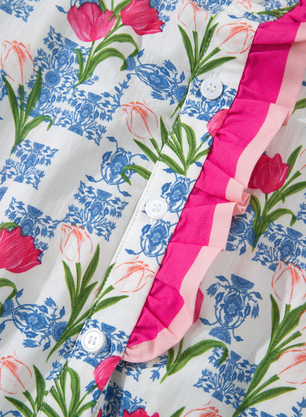 Rose Floral Print Color Block Striped Trim Flutter Sleeve Half Button Blouse