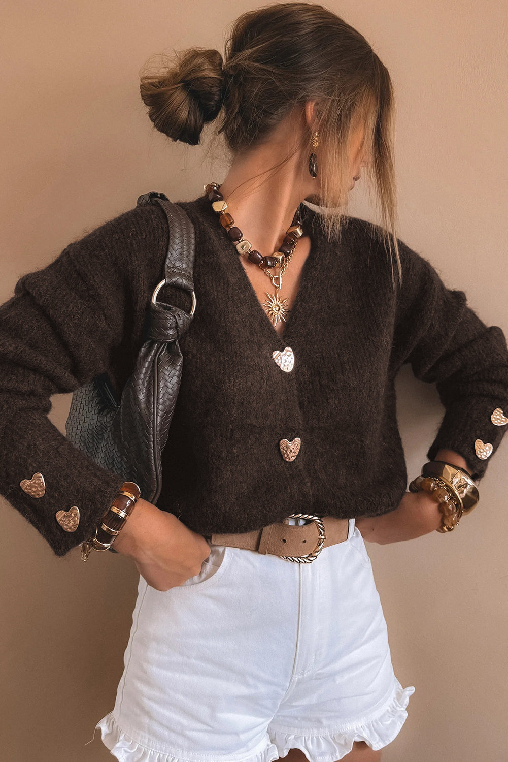 Chicory Coffee Heart Metal Button V Neck Cardigan Sweater