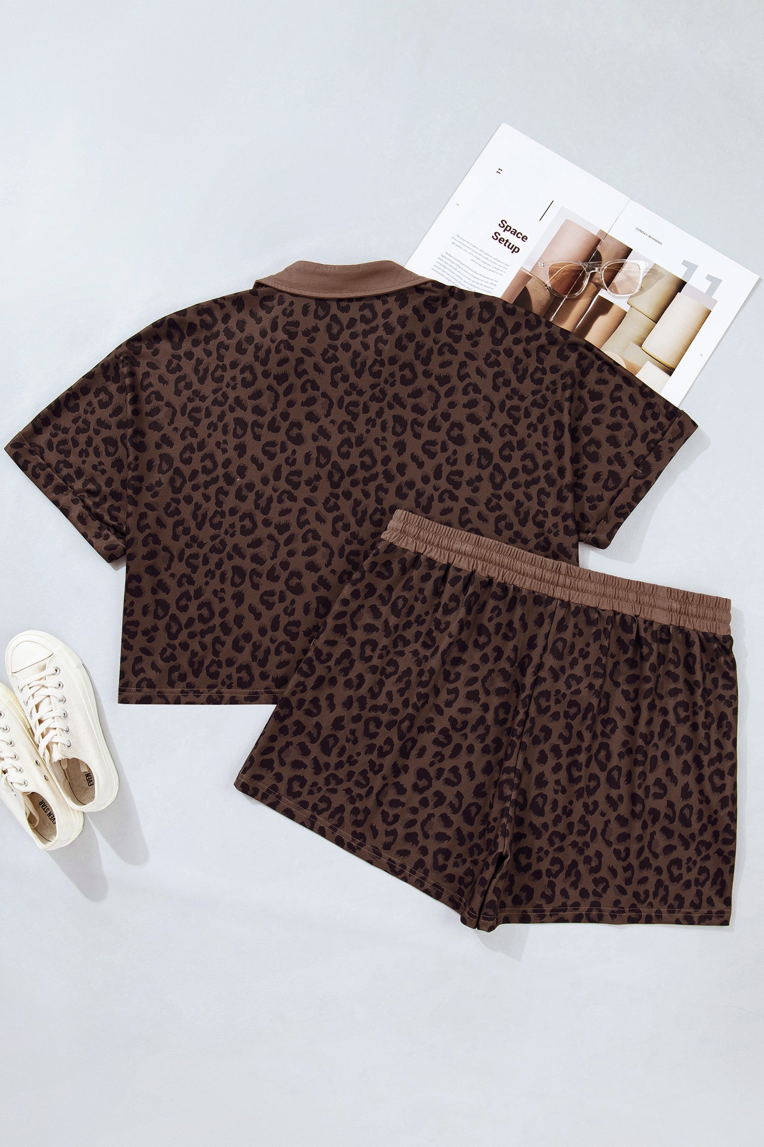 Brown Plus Size Leopard Short Set
