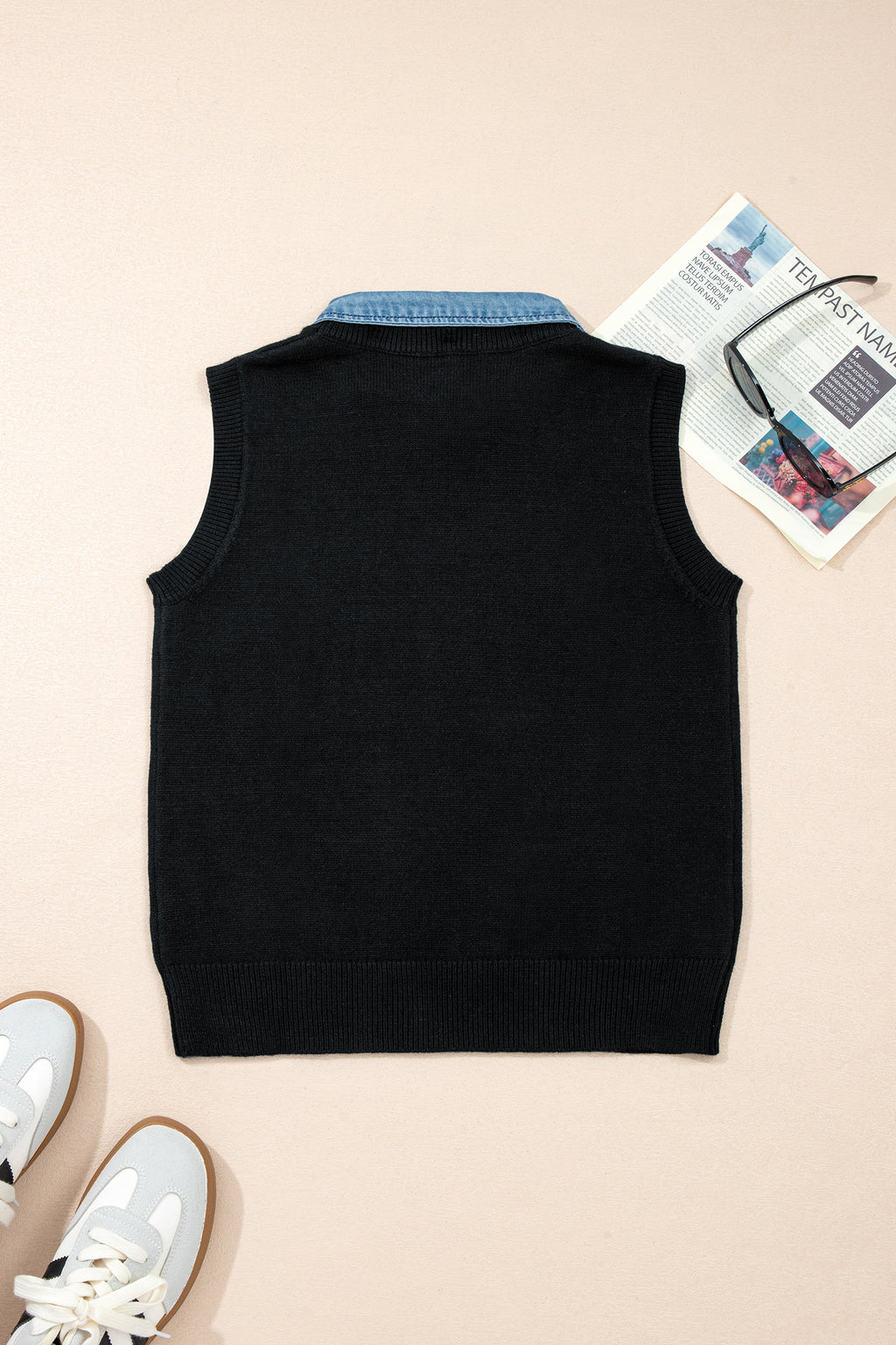 Black Solid Color Knit Contrast Denim Patchwork Collar Sweater Vest