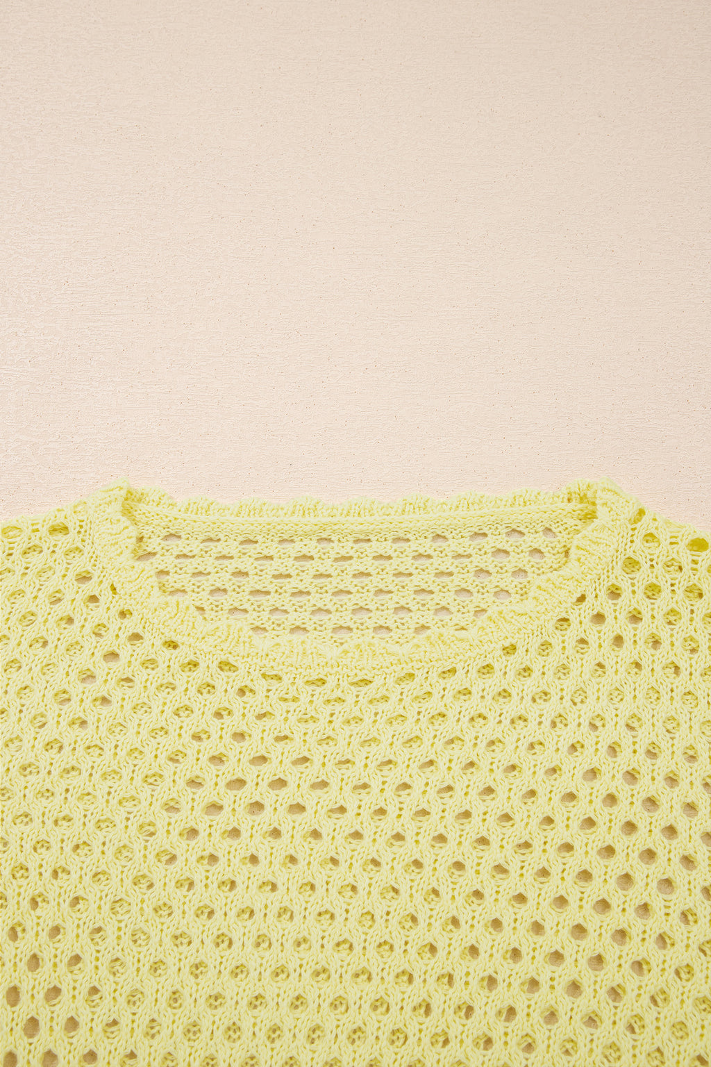 Yellow Cream Scalloped Trim Hollow Out Knit Long Sleeve Top