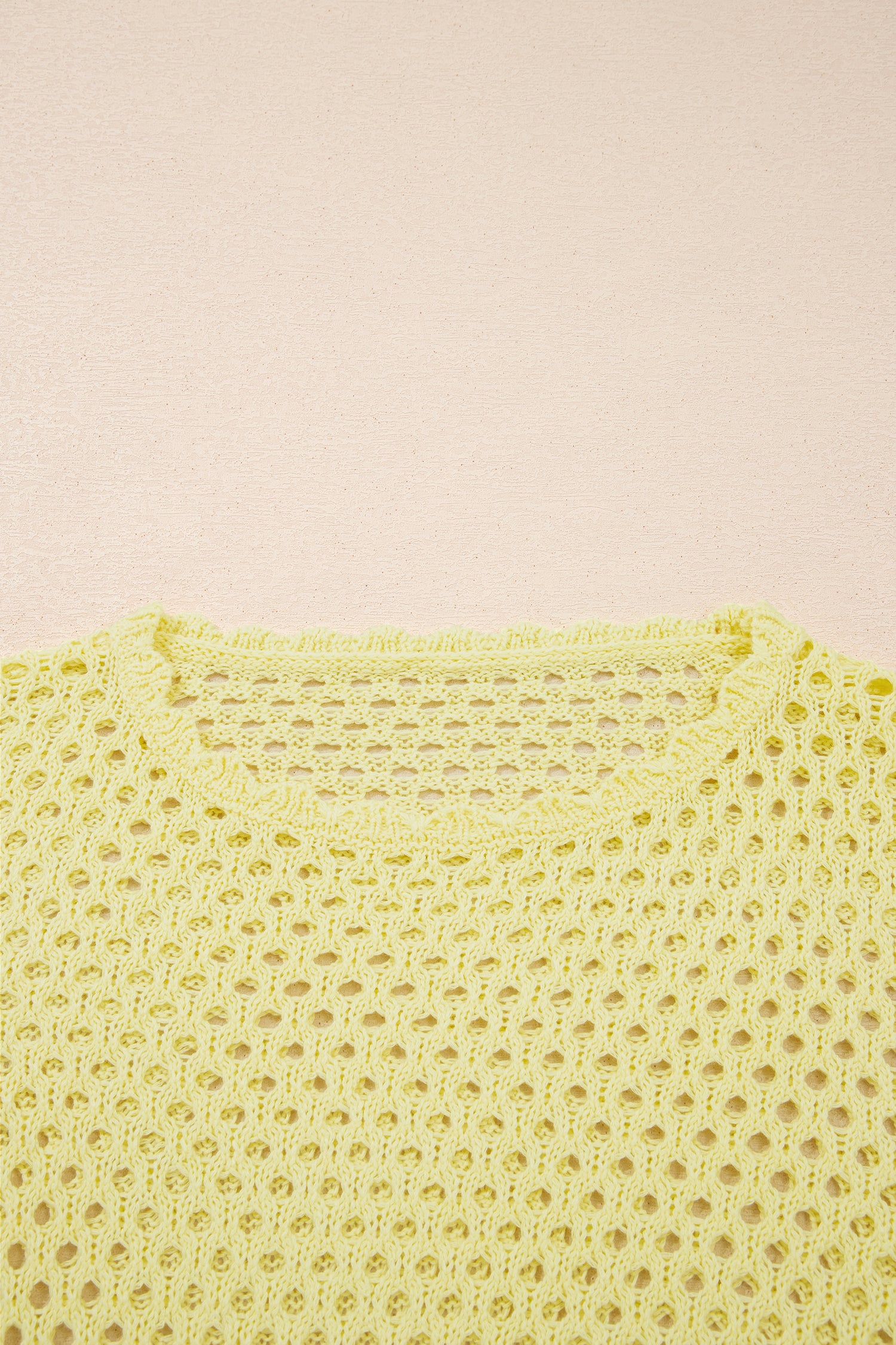 Yellow Cream Scalloped Trim Hollow Out Knit Long Sleeve Top