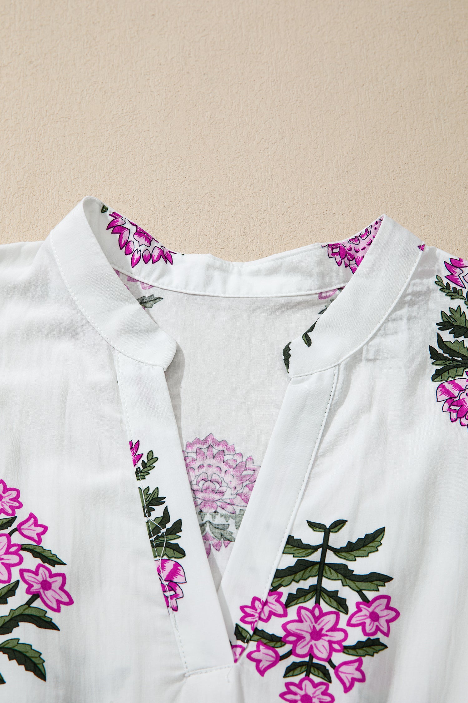 White Floral Print Split Neck Shirred High Waist Ruffle Hem Maxi Dress